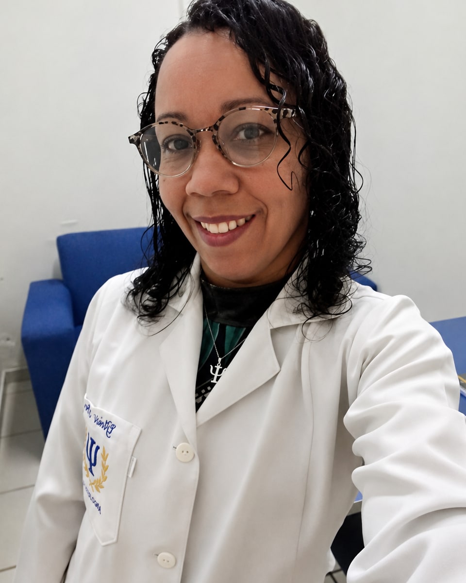 Gleice Pires de jaleco branco com o nome bordado e o símbolo da psicologia